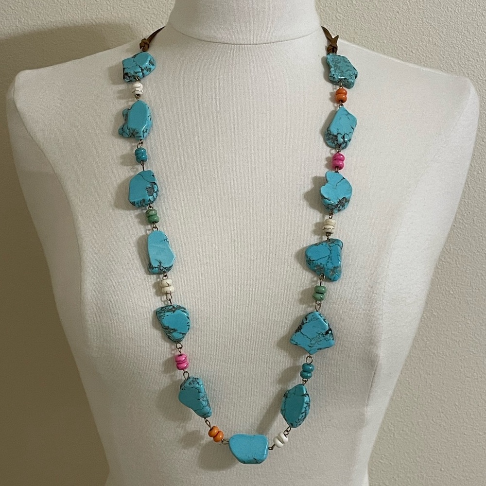 Boho Blue Turquoise Color Slab Chunky Stone Beaded Vegan Leather Long Necklace